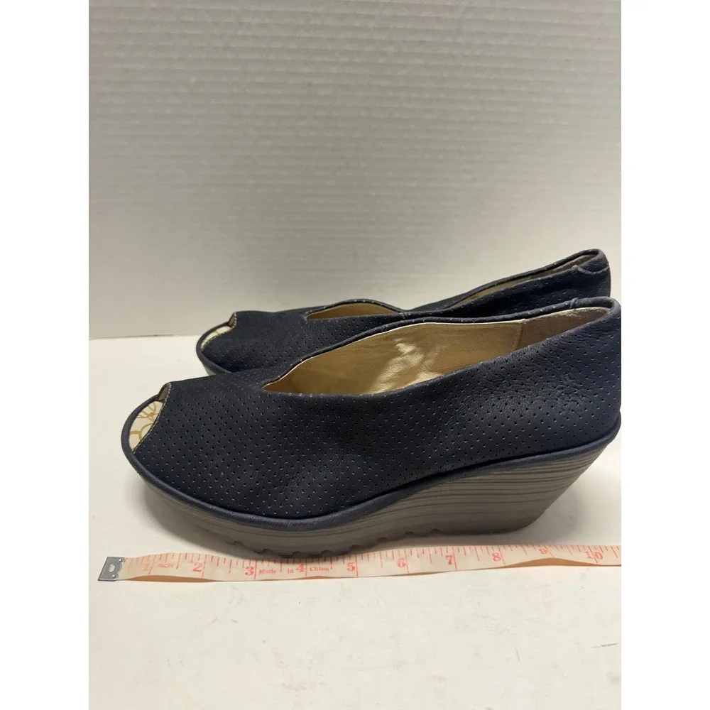 Fly London Yaya Navy Blue Perforated Leather Peep Toe Wedge Sandals 40 9